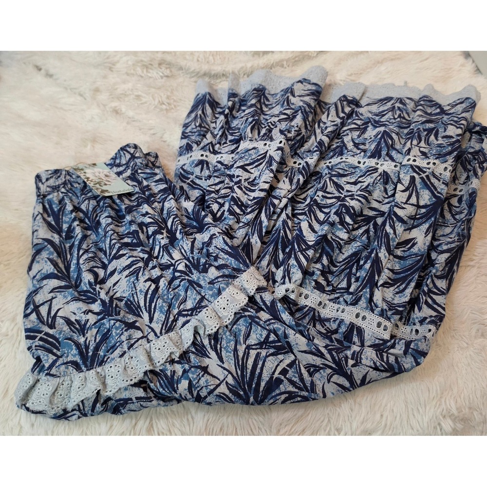 Nostalgia Boho Tiered Midi Skirt Blue Palm Leaf Eyelet Lace Smocked NWT Womens M